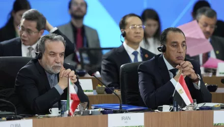 Iranian Foreign Minister Abbas Araghchi, left, and Egypt's Prime Minister Mostafa Madbouly attend the 17th annual BRICS summit in Rio de Janeiro, Sunday, July 6, 2025. (AP Photo/Eraldo Peres)