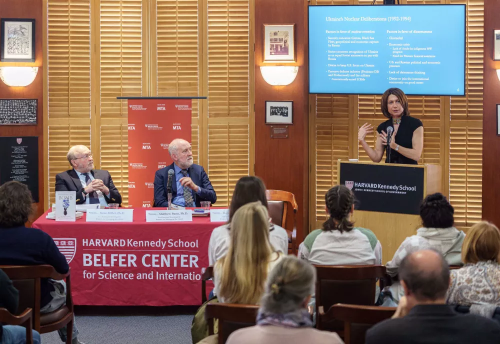 Matt Bunn, Steve Miller and Mariana Budjeryn at the Inheriting the Bomb Book Talk