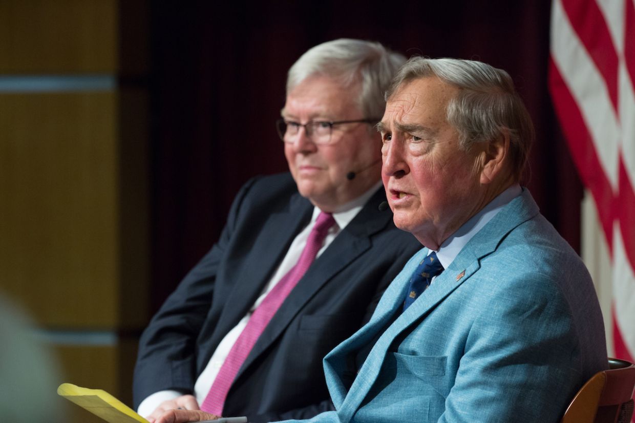 Lessons from History: Graham Allison (right), Douglas Dillon Professor and former Director of the Belfer Center, at a JFK Jr. Forum moderated by Kevin Rudd, former Prime Minister of Australia. The event focused on applying lessons from Thucydides and the Cuban Missile Crisis to current challenges with China.