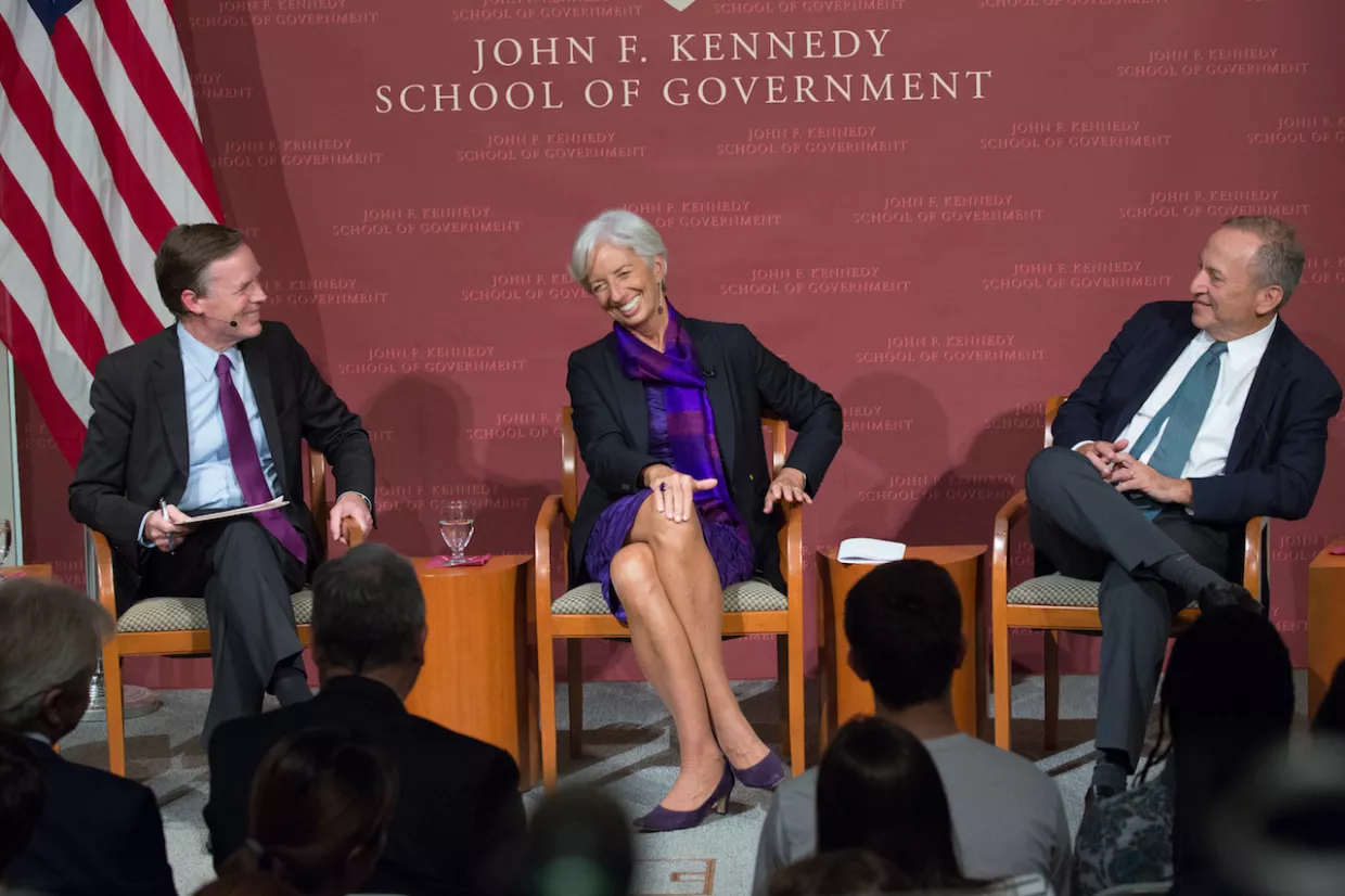 Monetary Policy: Christine Lagarde (right), Managing Director of the International Monetary Fund, discusses global financial issues with Nicholas Burns, Goodman Family Professor of the Practice of Diplomacy and International Relations, during a JFK Jr. Forum in October.