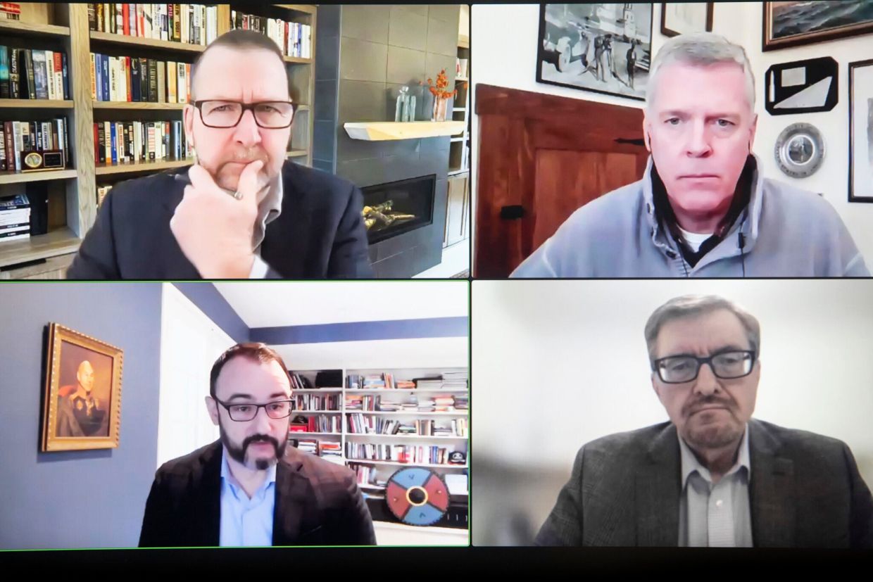 Paul Kolbe, top left, Kevin Ryan, top right, Michael Kofman, lower left, and Serhii Plokhii, lower right, on screen during a Zoom call.