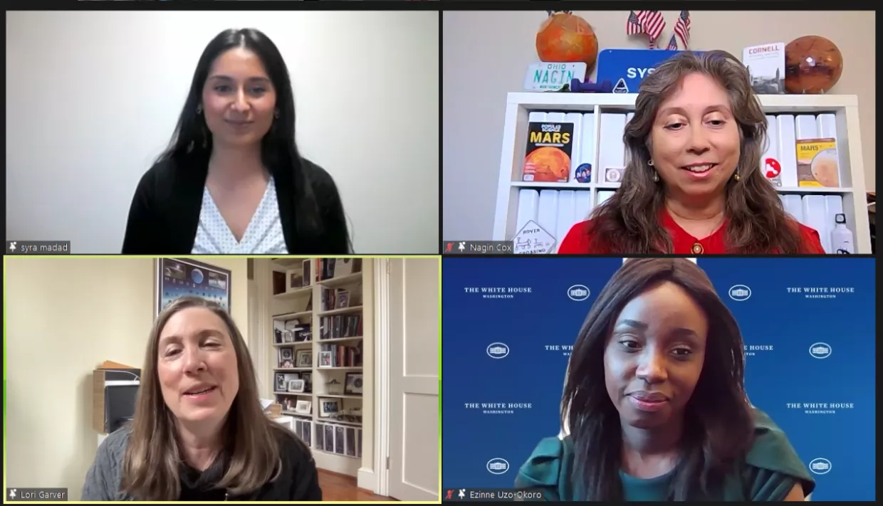 From top left, clockwise: Syra Mada, Nagin Cox, Ezinne Uzo-Okoro, and Lori Garver during a Women in STEM virtual event.