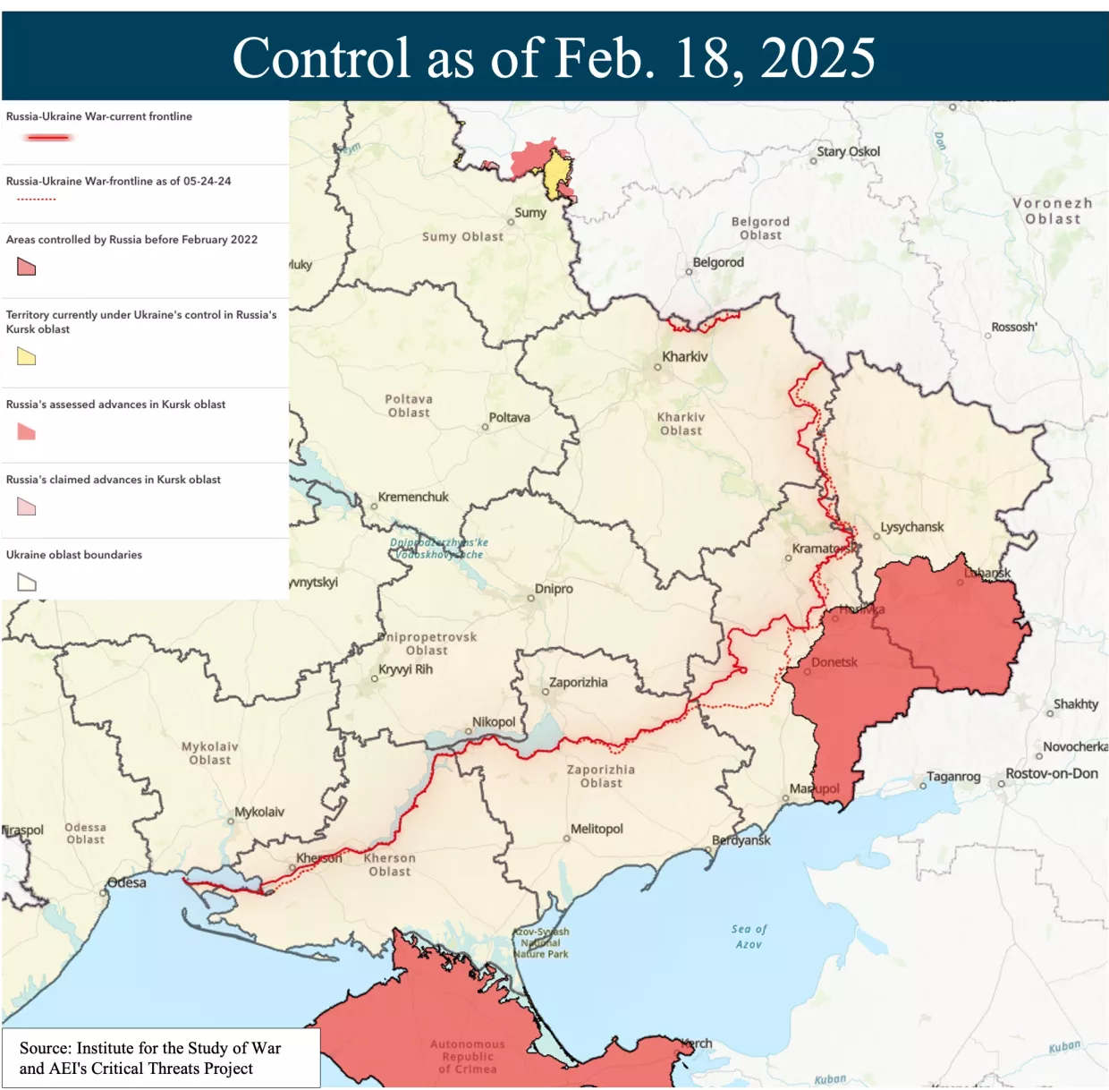 map of territorial control in Ukraine as of Feb. 18, 2025