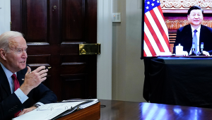 President Joe Biden meets virtually with Chinese President Xi Jinping from the Roosevelt Room of the White House in Washington, Monday, Nov. 15, 2021.