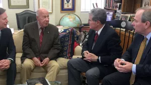 Burns, Shultz, Mnookin, Sebenius sitting for a conversation at Stanford.