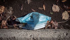 A dirty surgical mask in the gutter surrounded by dead leaves.