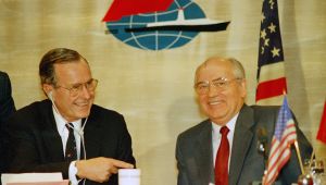 U. S. Preisdent George Bush and Soviet President Gorbachev smile at each other during their joint statement and news conference aboard the Maxim Gorky docked in Marsaxlokk Bay, Malta.