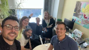 Justin Barnes, Alexandra Middleton, Hans Peder Kirkegaard, Jennifer Spence, Katharina Heinrich, and Juho Kähkönen pose for a selfie in Spence's office.