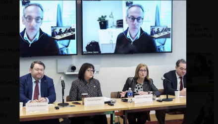 Panelists from left to right: Vladyslav Rashkovan, Natalie Jaresko, Paula Dobriansky, Daniel Runde, Matteo Patrone (On TV)