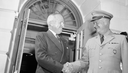 President Harry Truman greets General Dwight Eisenhower at the White House in Washington on June 1, 1952.