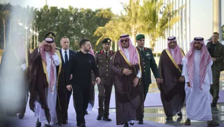 Ukrainian President Volodymyr Zelenskyy, center left, meets with Prince Saud bin Mishaal, deputy governor of Saudi Arabia's Mecca region, center right, in Jeddah, Saudi Arabia, Monday, March 10, 2025.