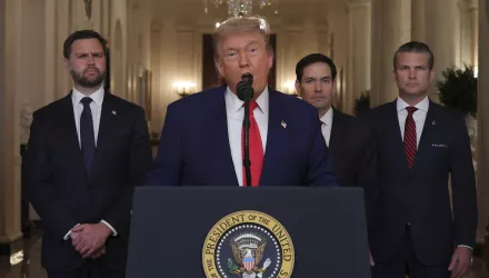 President Donald Trump speaks from the East Room of the White House in Washington, Saturday, June 21, 2025, after the U.S. military struck three Iranian nuclear and military sites, directly joining Israel's effort to decapitate the country's nuclear program, as Vice President JD Vance, Secretary of State Marco Rubio and Defense Secretary Pete Hegseth listen. (Carlos Barria/Pool via AP)