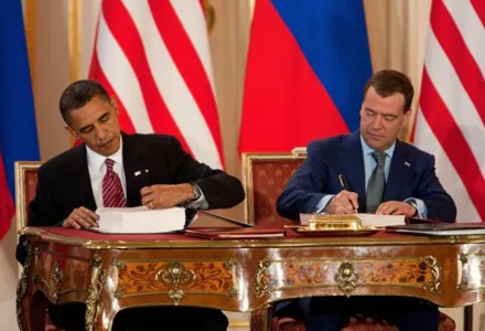 President Barack Obama and President Dmitry Medvedev of Russia sign the New START Treaty during a ceremony at Prague Castle in Prague, Czech Republic, April 8, 2010. 