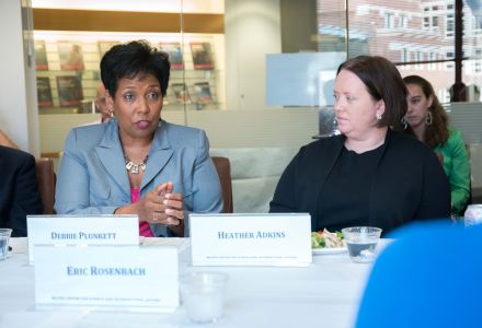 Debora Plunkett makes a point during a Belfer Center seminar on "Humans and Machines in Cybersecurity." She was joined in the discussion by Google's Heather Adkins.