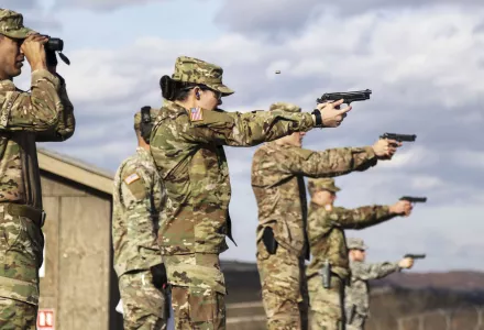 KFOR Multinational Battle Group-East Soldiers fire the M9 pistol from the firing line during the weapons qualification event for the German Armed Forces Proficiency Badge at Camp Bondsteel, Kosovo, Dec. 12, 2017. (U.S. Army Photo / Staff Sgt. Nicholas Farina)