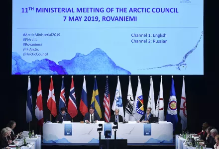 Flags of the Arctic states at the 11th Ministerial Meeting of the Arctic Council in Rovaniemi, Finland