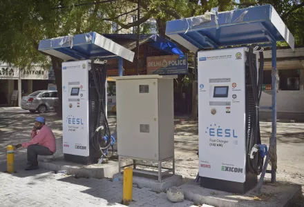 A public charging station for electric vehicles in New Delhi, India, Thursday, April 1, 2021.