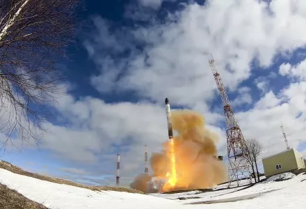 Released by Russian Defense Ministry Press Service on Wednesday, April 20, 2022, the Sarmat intercontinental ballistic missile is launched from Plesetsk in Russia's northwest.