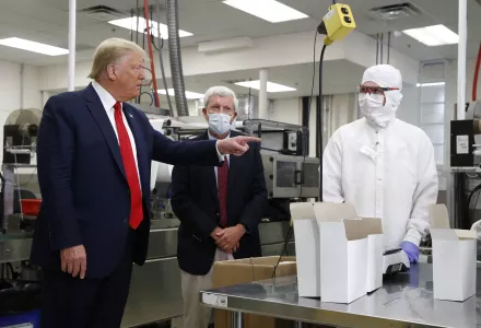Photo of President Donald Trump (without a mask) touring Puritan Medical Products medical swab manufacturing facility, Friday, June 5, 2020, in Guilford, Maine.