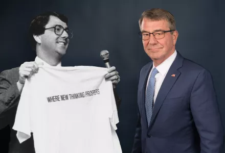 Ash Carter on left form 1990 holding a t-shirt that says "where new thinking prospers" and Ash Carter in current portoirt on the right.