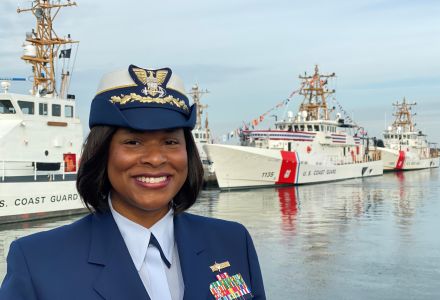 Commander Zeita Merchant at the commissioning ceremony of the Coast Guard Cutter Angela McShan, named after the first African-American Master Chief in the history of the Coast Guard.