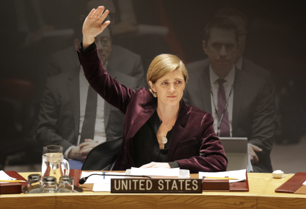 United States Ambassador to the United Nations Samantha Power votes on a resolution during a Security Council meeting at UN headquarters, Wednesday, March 2, 2016.