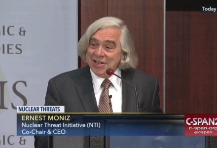 Ernest Moniz, CEO and Co-Chair of Nuclear Threat Initiative and secretary of energy under Obama speaking at CSIS on Thursday, January 11, 2018. (CSPAN)