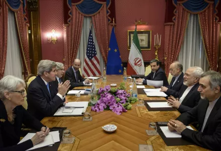 US negotiators meet their Iranian counterparts in Lausanne, March 2015.