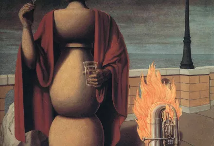 Les Droits de l’Homme, 1947 - a surrealist painting showing an anthropomorphic chess piece standing on a bridge next to a flaming tuba.