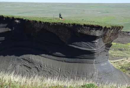 Thawing permafrost and subsequent soil erosion reveal ground ice and frozen soil underneath the surface. Herschel Island (Qikiqtaruk), Yukon, Canada.