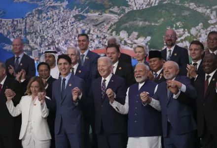 World leaders attending the G20 Summit pose for a group photo in Rio de Janeiro, Tuesday, Nov. 19, 2024. 