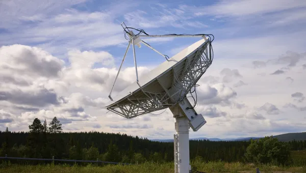 A satellite antenna is pointing at the sky outside the Esrange Space Center  in Kiruna, Sweden, Tuesday, Aug. 19, 2025.
